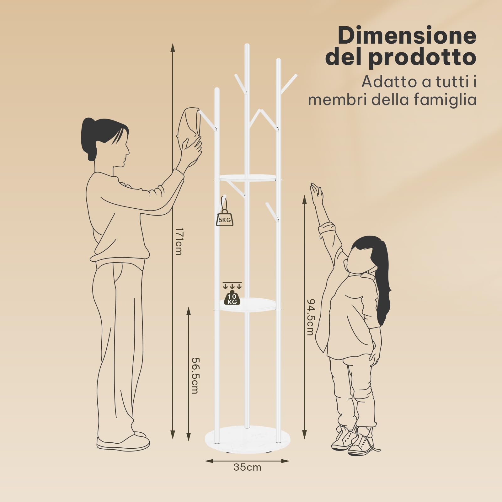 eSituro Appendiabiti, Porta Abiti da Terra a Forma di Albero, con 9 Ganci e 3 Ripiani, Appendiabiti in Metallo con Base in Marmo per Corridoio/Camera da Letto/Ufficio, Bianco