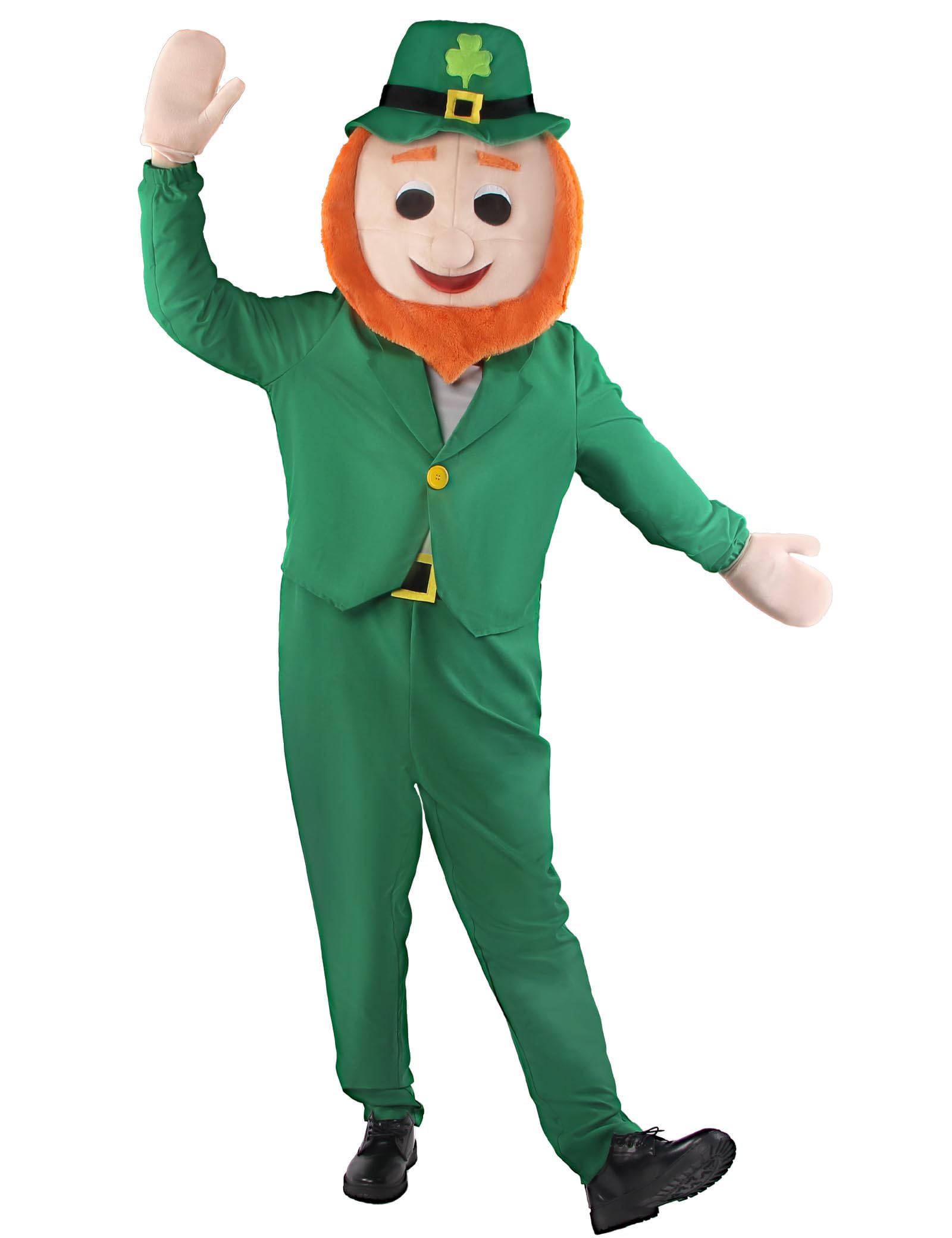 Leprechaun Costume Men St Patricks Day Mascot Onesie Jumpsuit Adult Green Lucky Charms with Head Plus Size Outfit