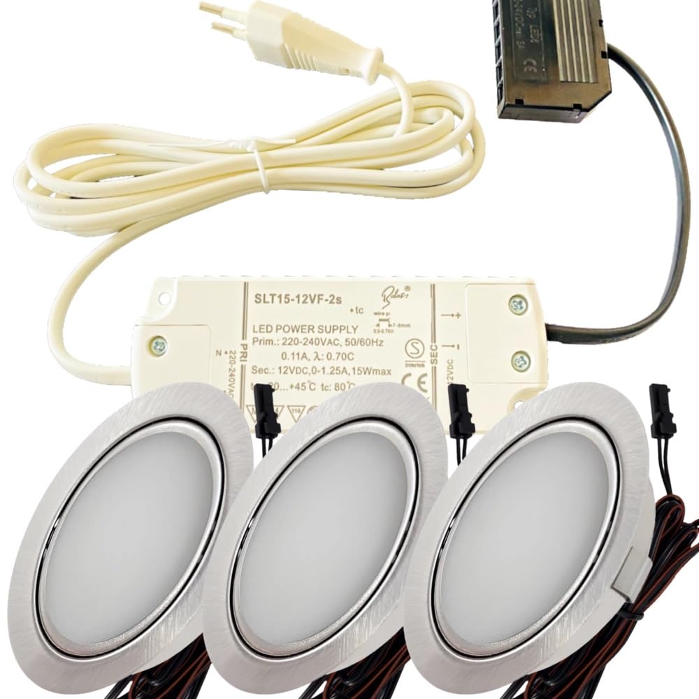 LED Einbaustrahler Möbel 12V 3W – 3er Set mit Trafo, Kabelbaum & Netzstecker – Plug & Play Spots warmweiß 3000K – Ø65 mm, 55–60 mm Einbauloch – flache LED Einbauleuchten für Möbel in Küche & Schrank