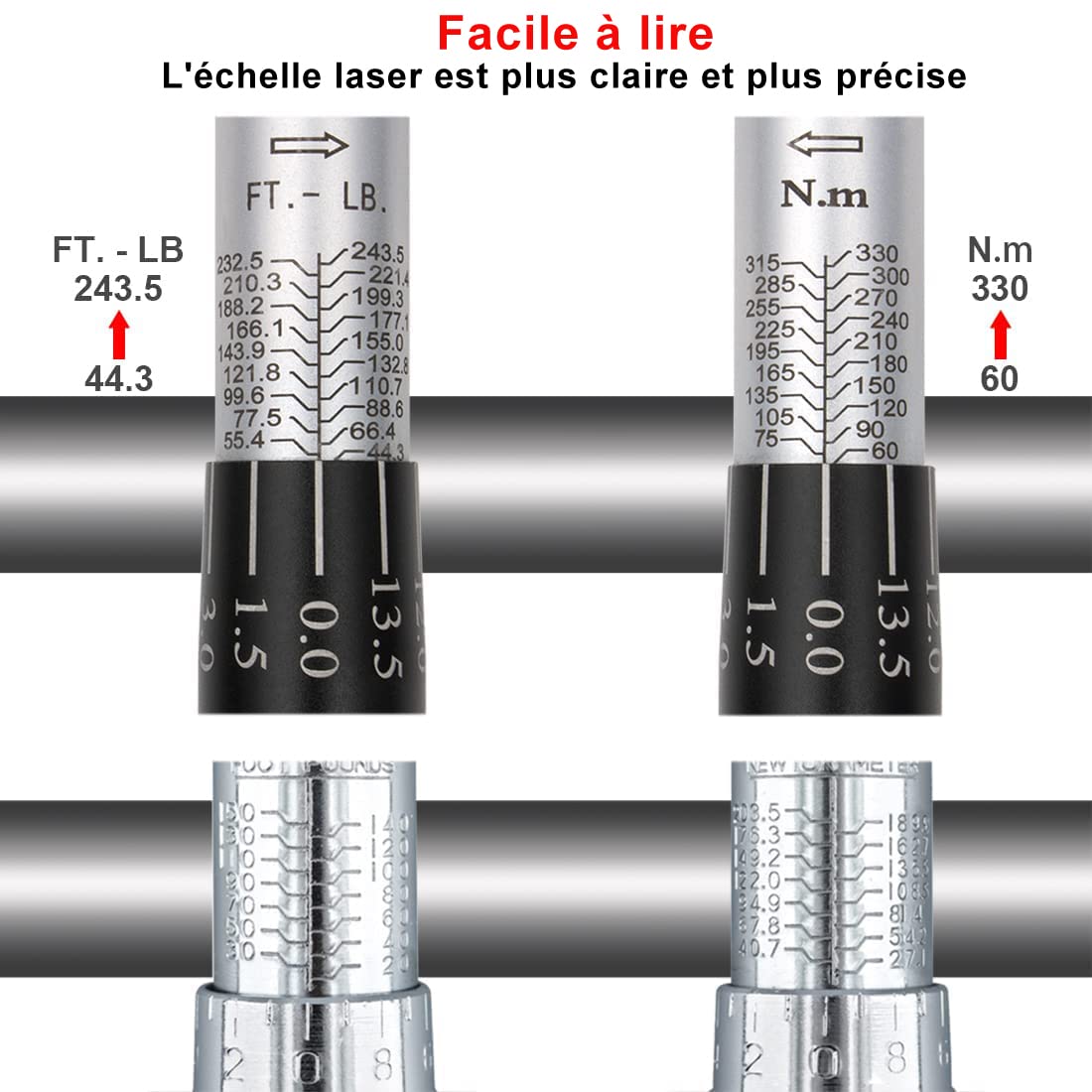 Clé Dynamométrique 1/2" 60-330 Nm Précision±3% 90 Dents