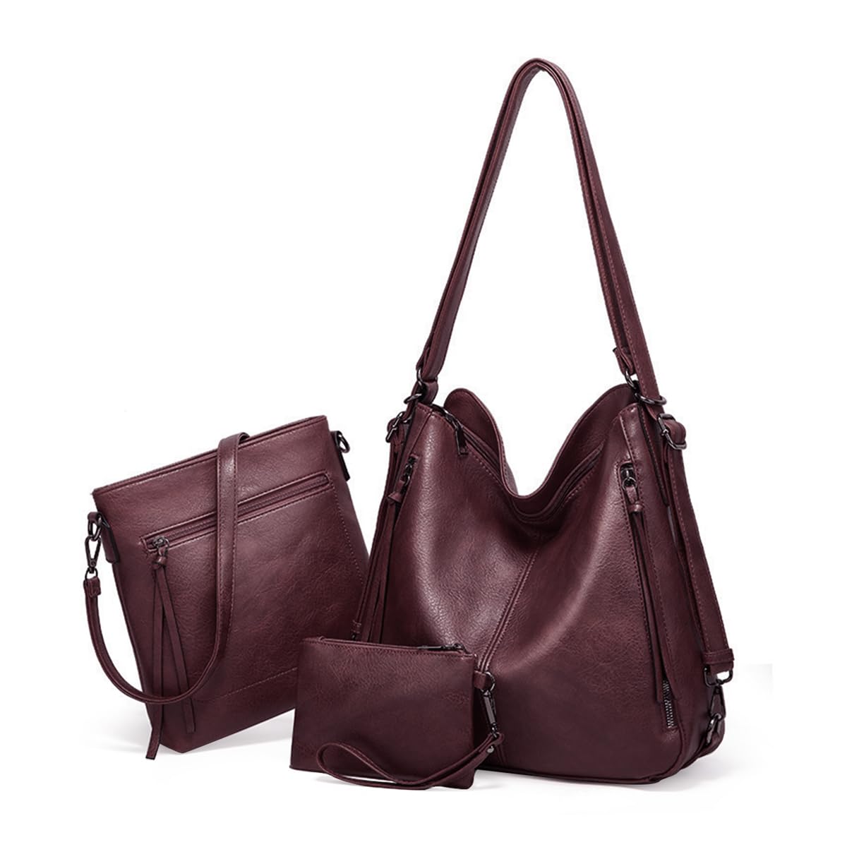 Women's Vintage Brown Red PU Tote, Messenger & Zipper Purse Set of 3Pcs Casual Hand Bags for Office, Travel, Gift-image-31