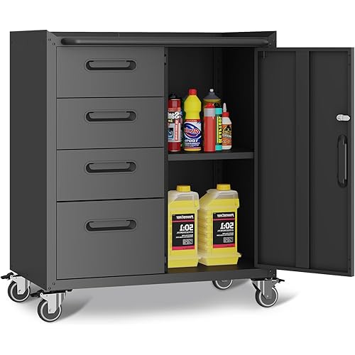 Metal Garage Storage Cabinet with Wheels,Locking Rolling Tool Cabinet with Drawers and Shelves for Home, Office, Garage & Workshop