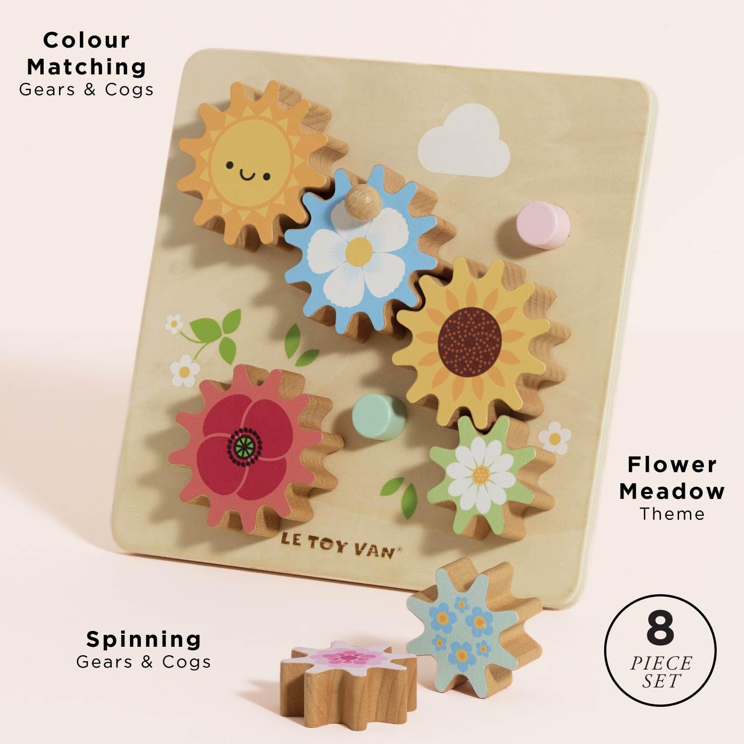 Le Toy Van - PL095 - Gioco educativo in legno per bambini 1 anno con 7 ingranaggi rotanti e 3 maniglie a forma di ape, giocattolo Montessori per lo sviluppo sensoriale e delle capacità motorie fini