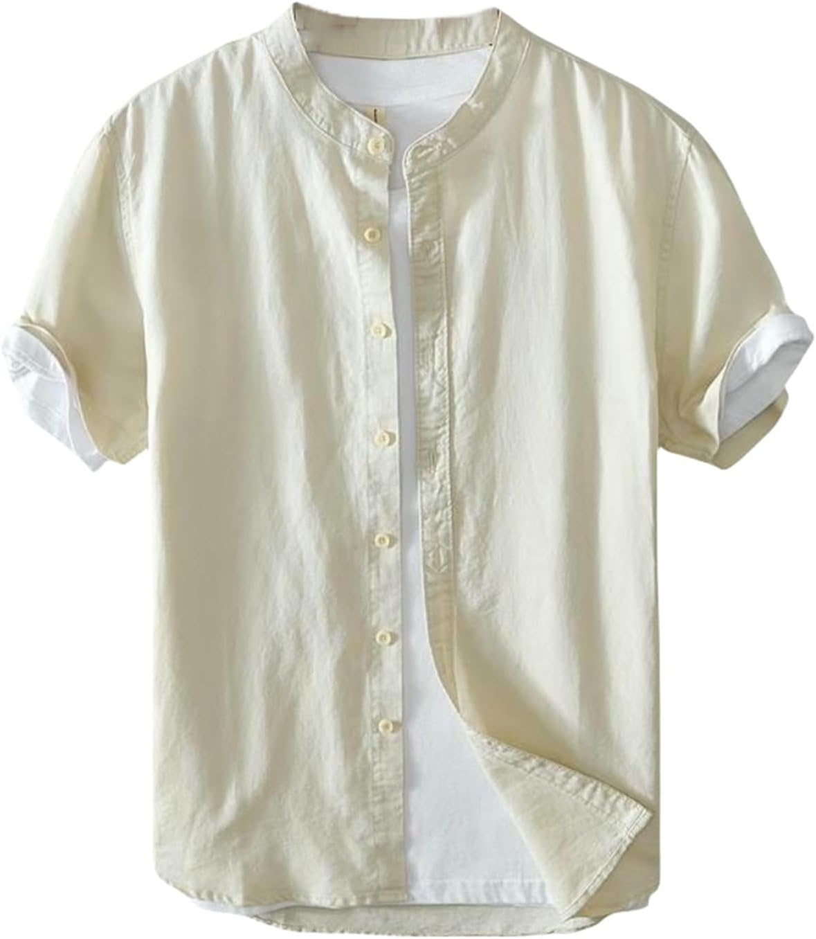 Men's Summer Lightweight Loose Fit Casual Chinese Style Linen Cotton Stand Collar Short Sleeve Shirt