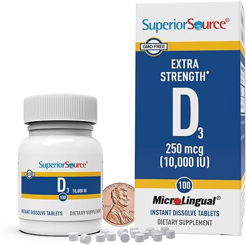 Miniatura 2 de Superior Source Vitamina D3 10000 UI, tabletas microlingües de disolución rápida, 100 unidades, ayuda a promover huesos y dientes fuertes, apoyo