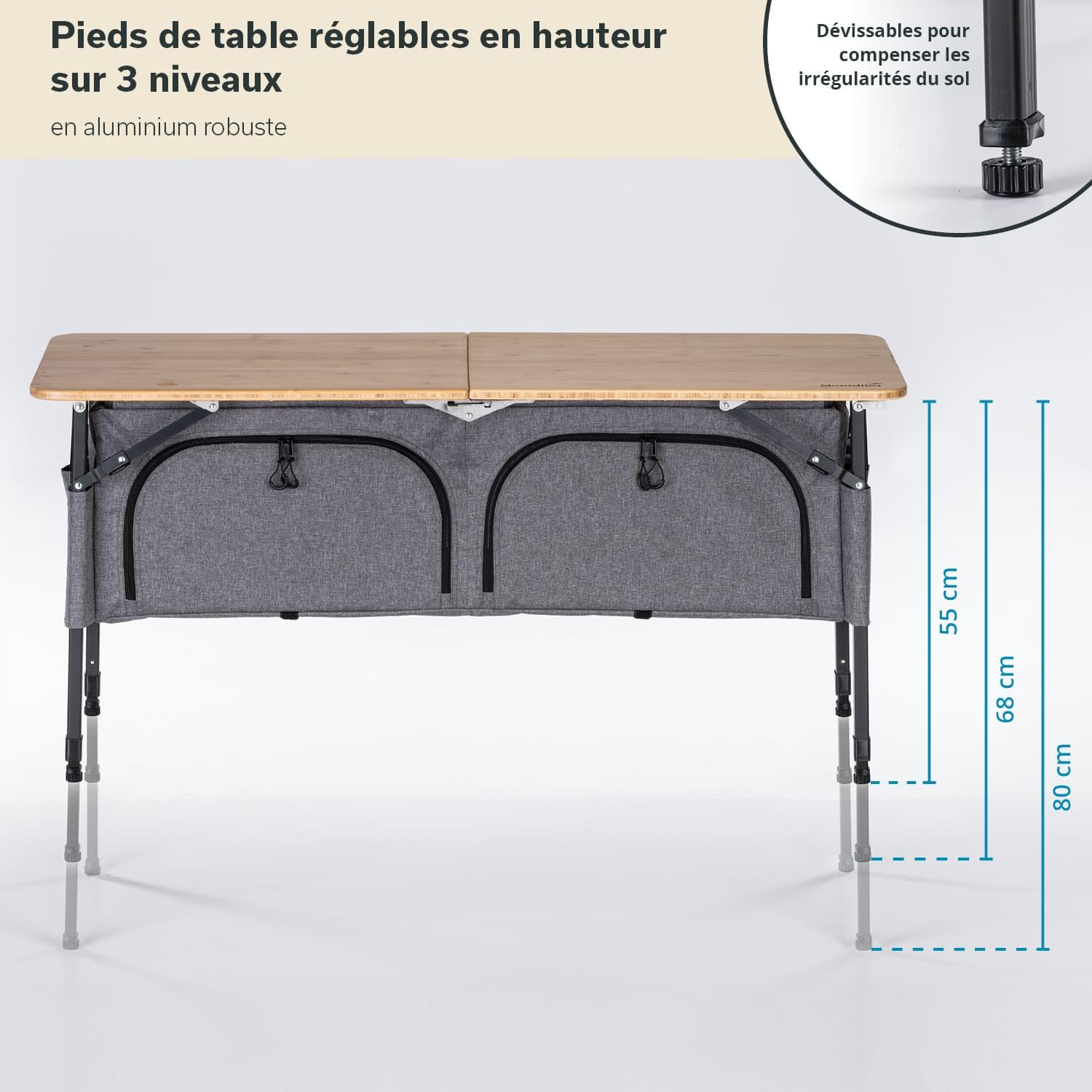 Skandika Table de Camping avec Armoire Tolja | Table Pliante Bambou avec Placard, réglable en Hauteur, Pliable, Armoire de Camping avec étagères, Sac de Transport | Meubles de Camping, Jardin, Balcon