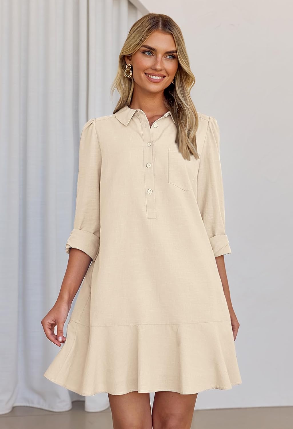 MEROKEETY Women's Casual Shirt Dress Long Sleeve Button Down Ruffle Flowy Tunic Shift Mini Dresses - Image 6