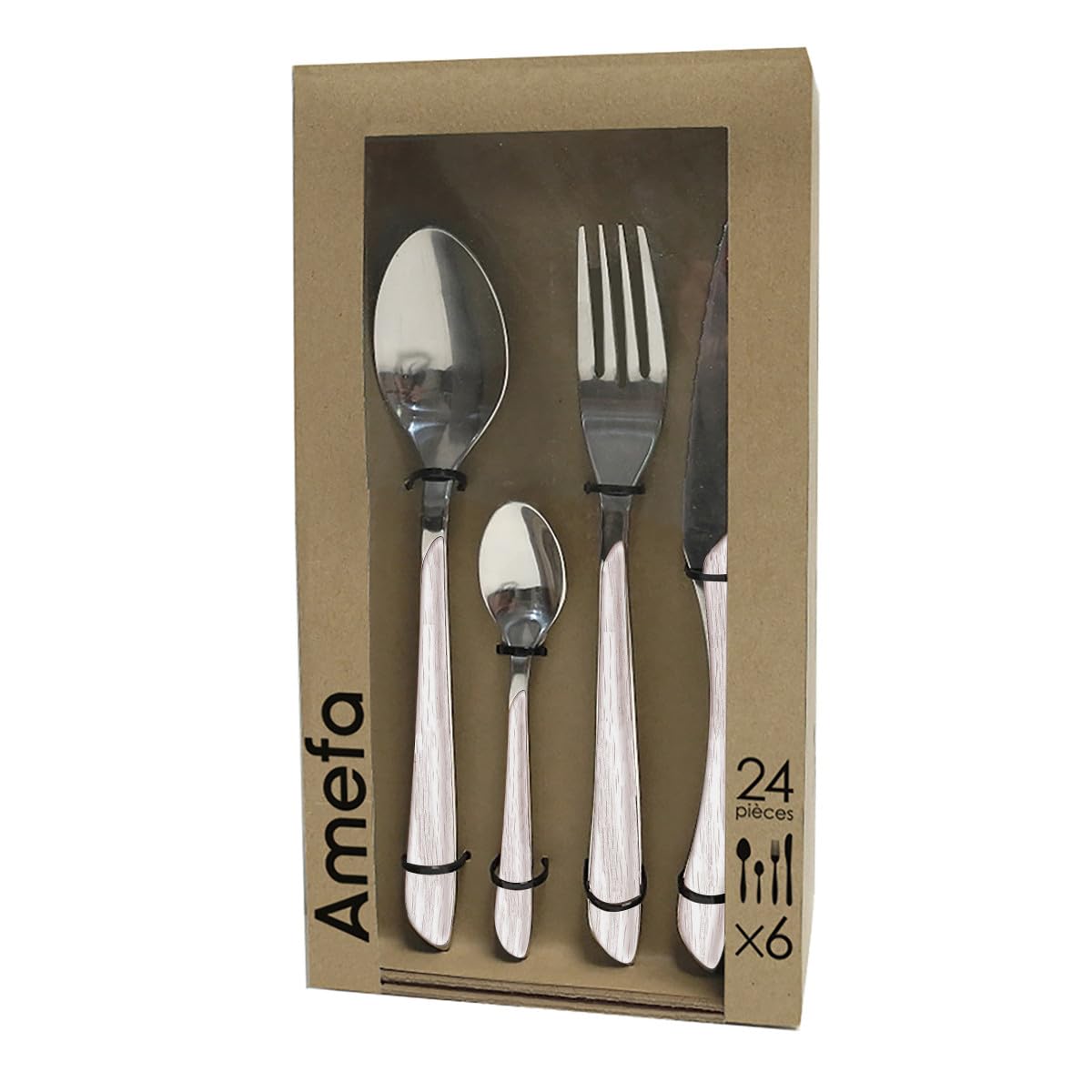Amefa ECLAT Nature Cubertería de 24 Piezas de Madera Blanca, Acero Inoxidable