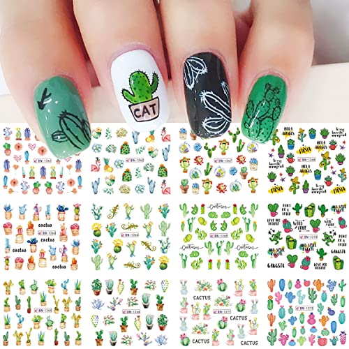 Cactus Nail Stickers Spring Water Transfer Nail Art Stickers Decal Flower Nail Decals For Acrylic Nail Green Cactus Flower Leaf Nail Design Nail Decoration For Women Girls Nail Supplies 12Pcs #TOP4