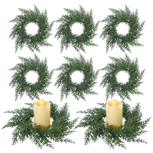 Dingion 12 Pcs Cedar Wreath Small Christmas Candle Rings Wreath 6", Classic