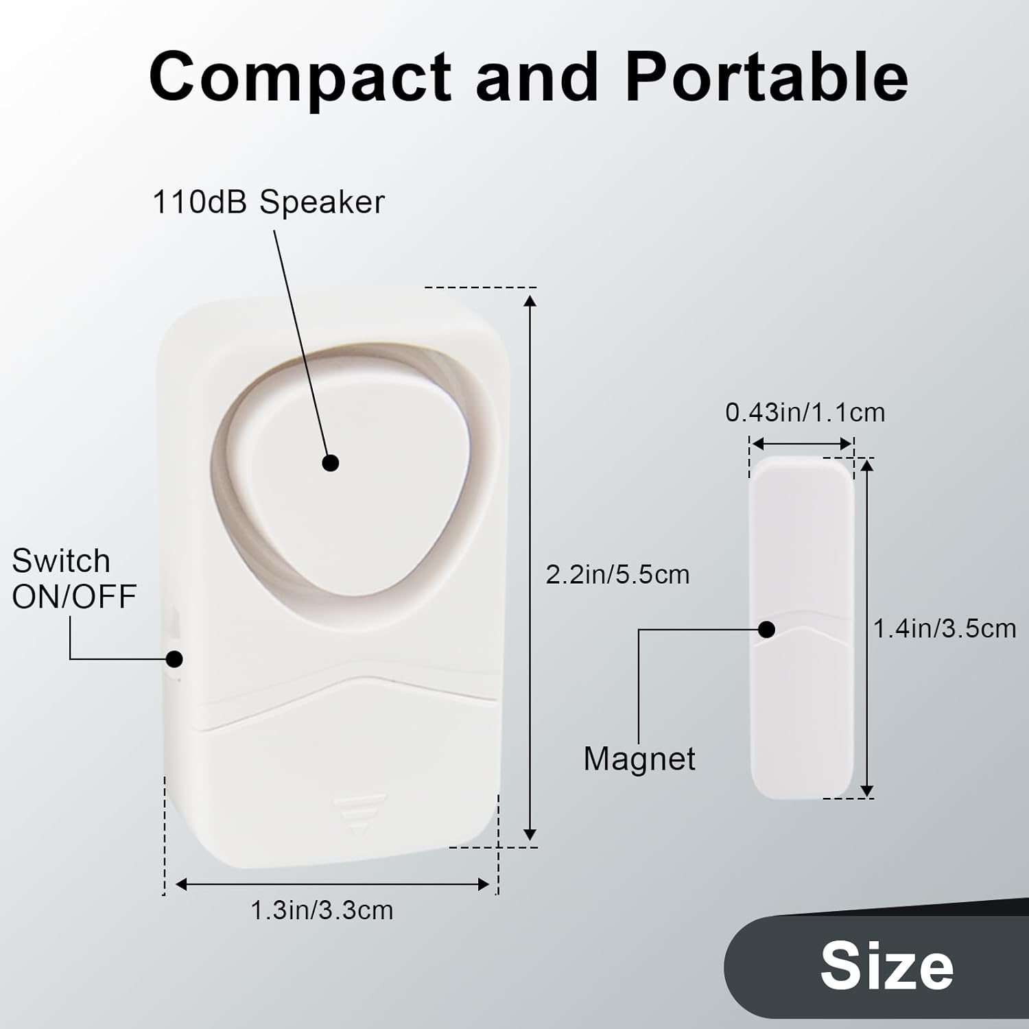 Image showing the compact and portable dimensions of the NineLeaf door alarm unit.