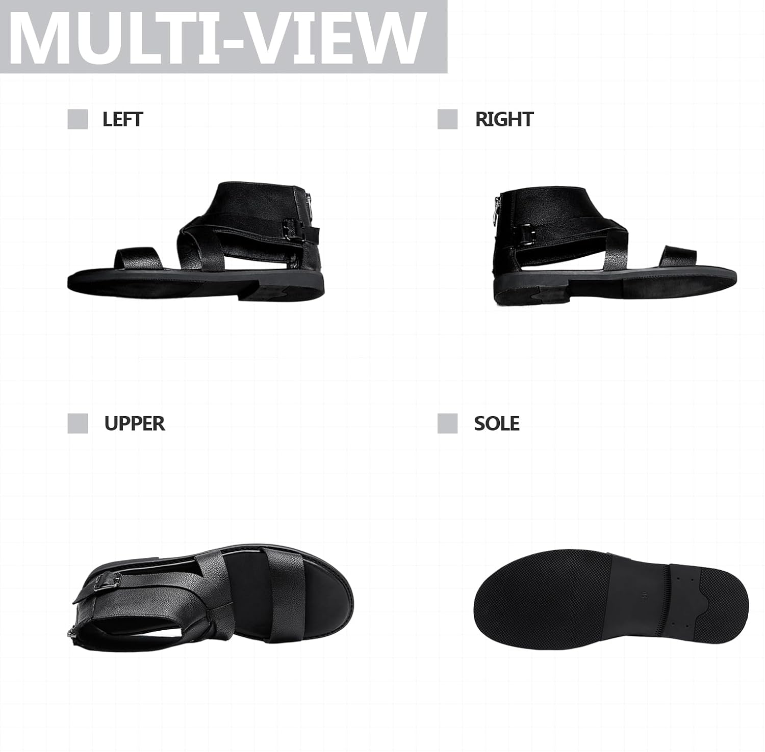 Mens Leather Gladiator Flat Sandals Comfortable Adjustable Ankle Strap Buckle Easy On-Off Back Zip Non-Slip Roman Mid Top Greek Beach Sandals For Outdoor Walking