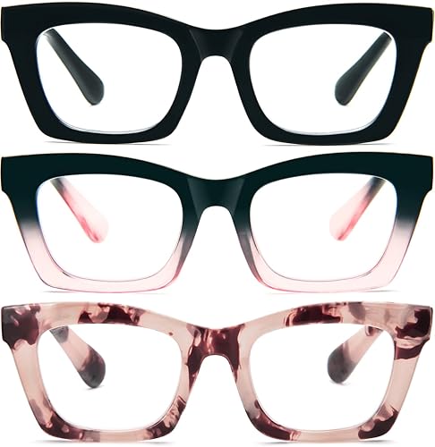 REAVEE Paquete de 3 lentes de lectura estilo Oprah para mujer, con bloqueo de luz azul, bonitos lentes cuadrados de gran tamaño, para lectura de