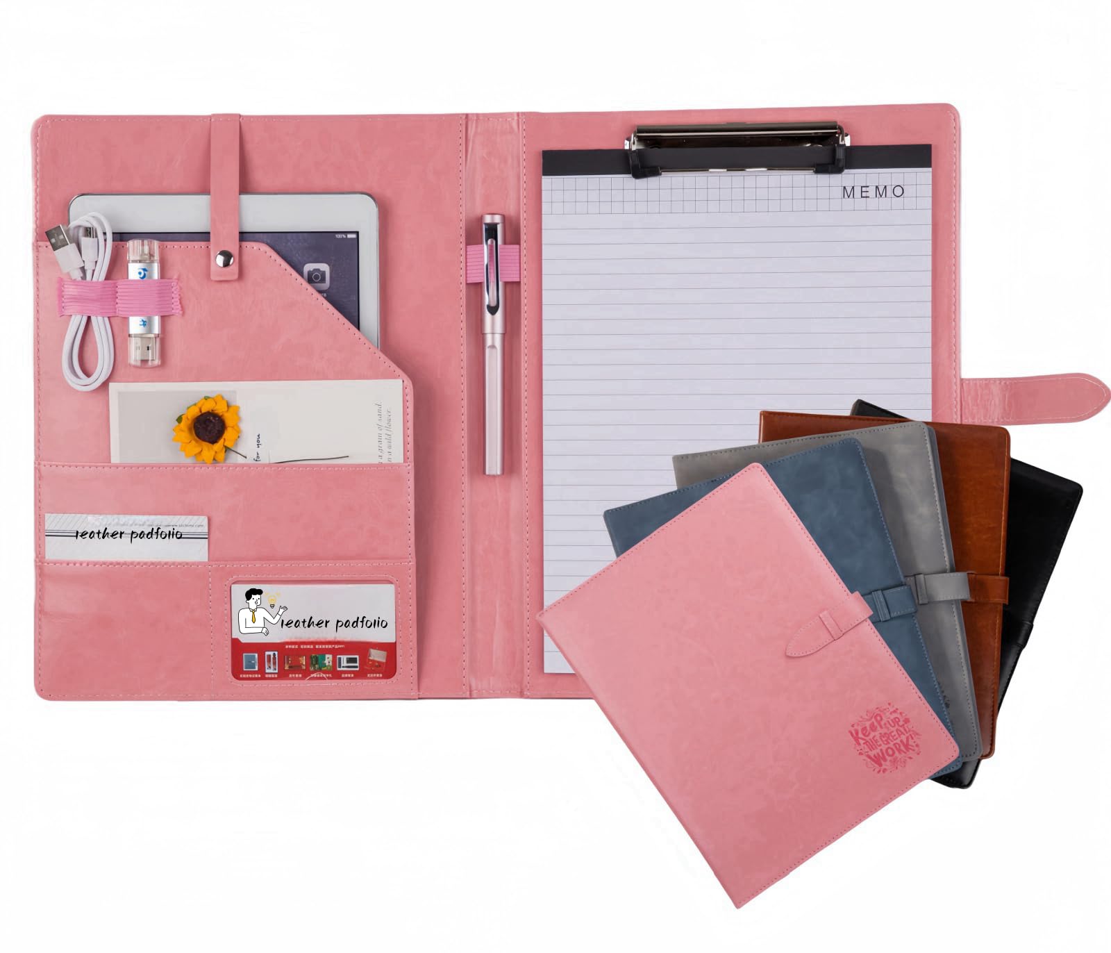 Porte-documents en cuir, organiseur de documents juridiques pour entretiens, porte-bloc, porte-cartes, 2 blocs d'écriture au format lettre inclus (rose)