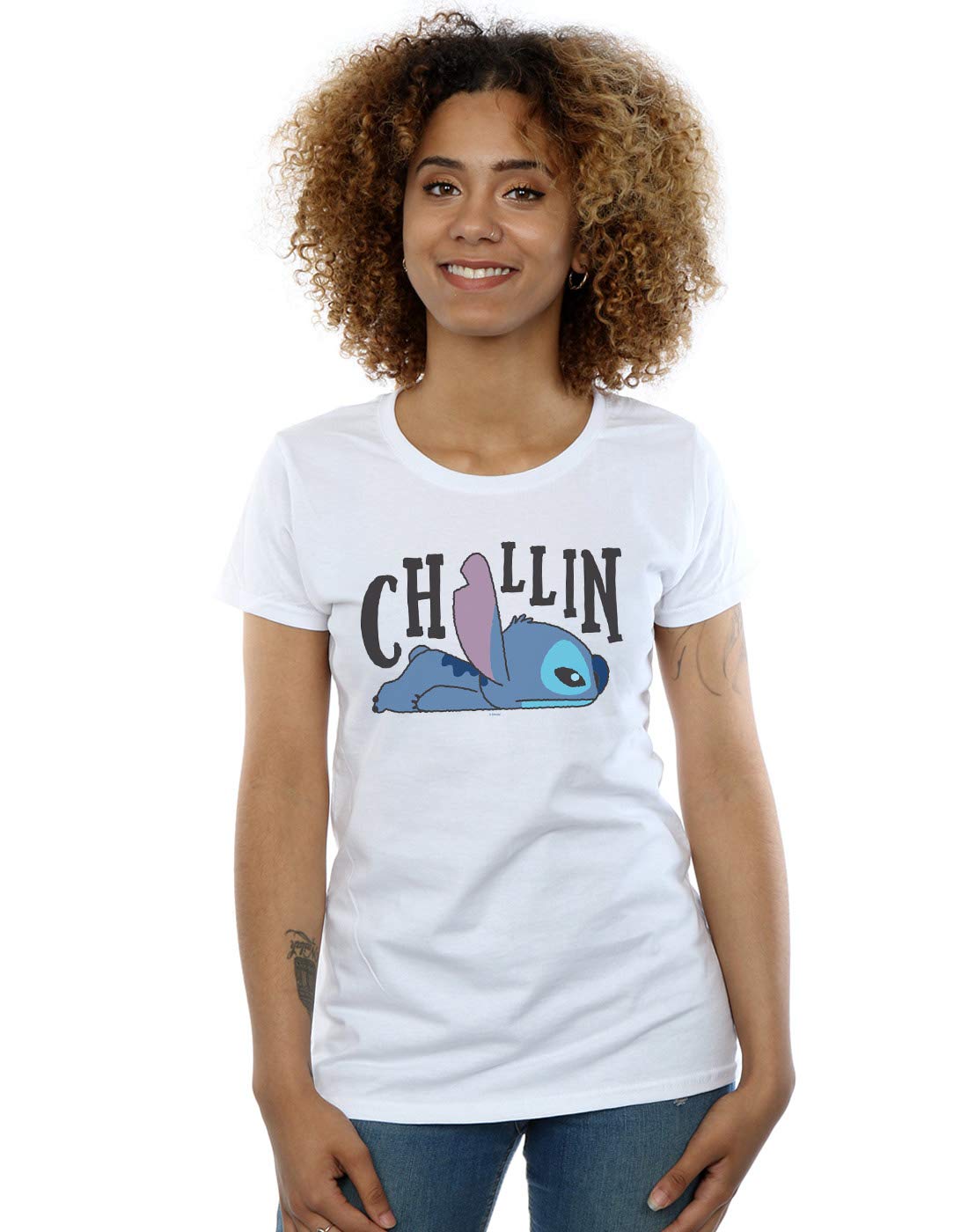 Absolute Cult Women's White Disney Lilo And Stitch Chillin T-Shirt Medium
