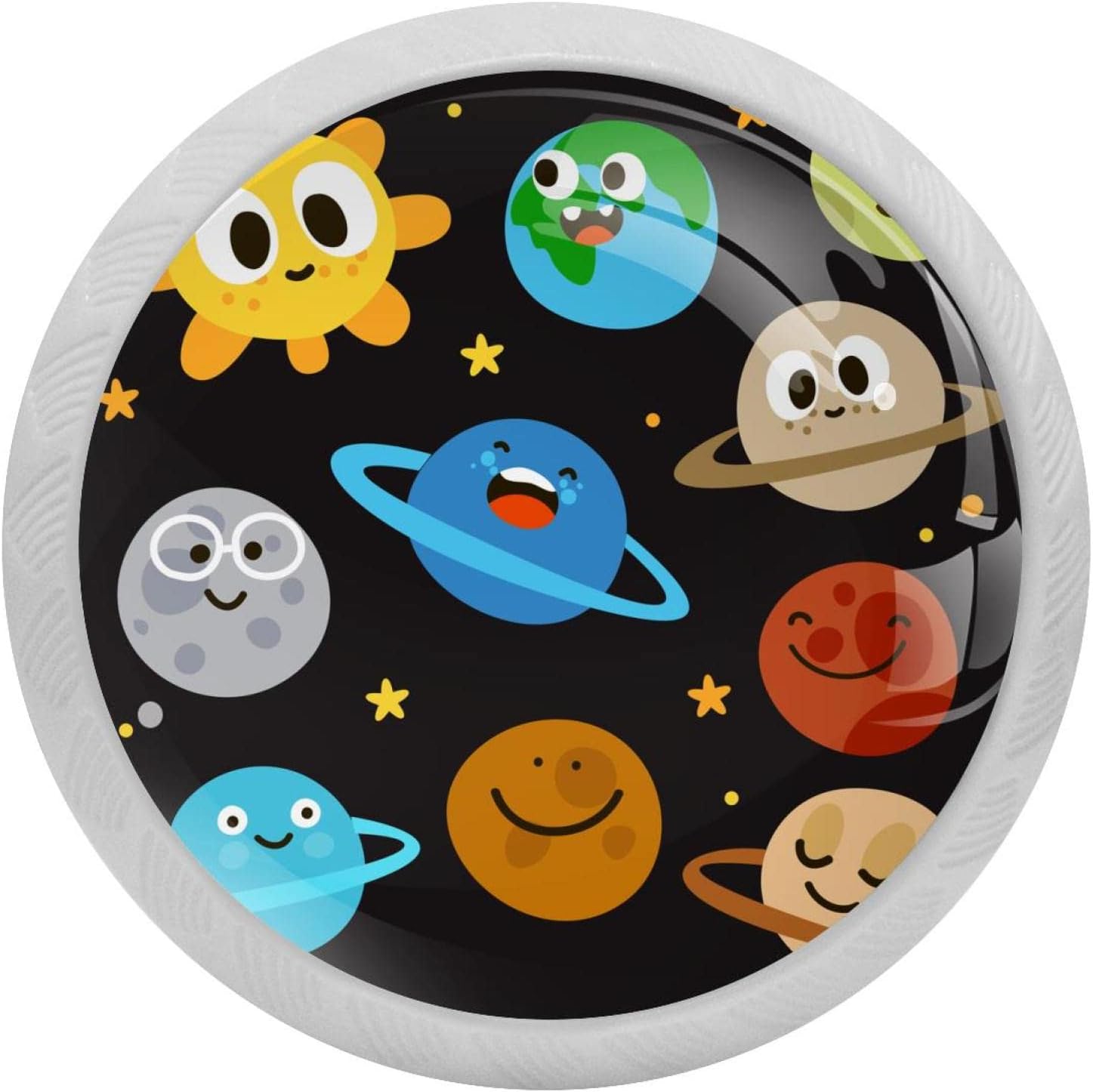 4 Packs Outer Space Solar Systern Sun Earth Smiley Fluorescence Crystal Glass Cabinet Knobs Drawer Handles for Kitchen Cabinets Dresser Cupboard Wardrobe Pulls Handles