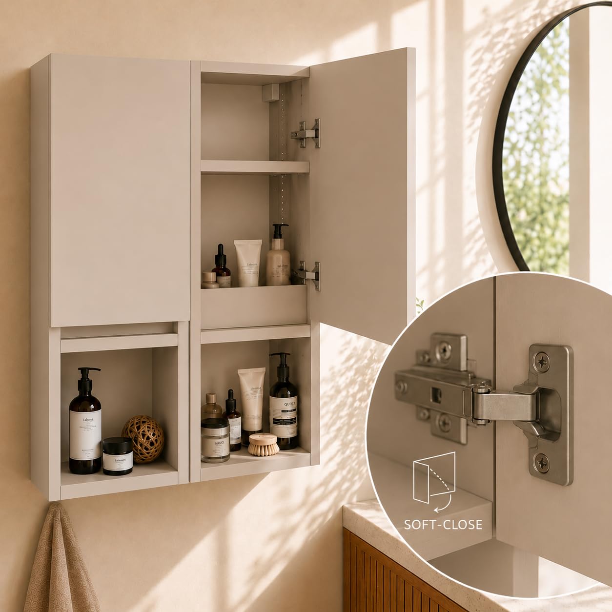 Hängeschrank Badezimmer, 75x56x25 cm, Kaschmirfarbe Matt, 6 Regale, Soft-Close-Türen, Anti-Fingerprint, Wandmontage