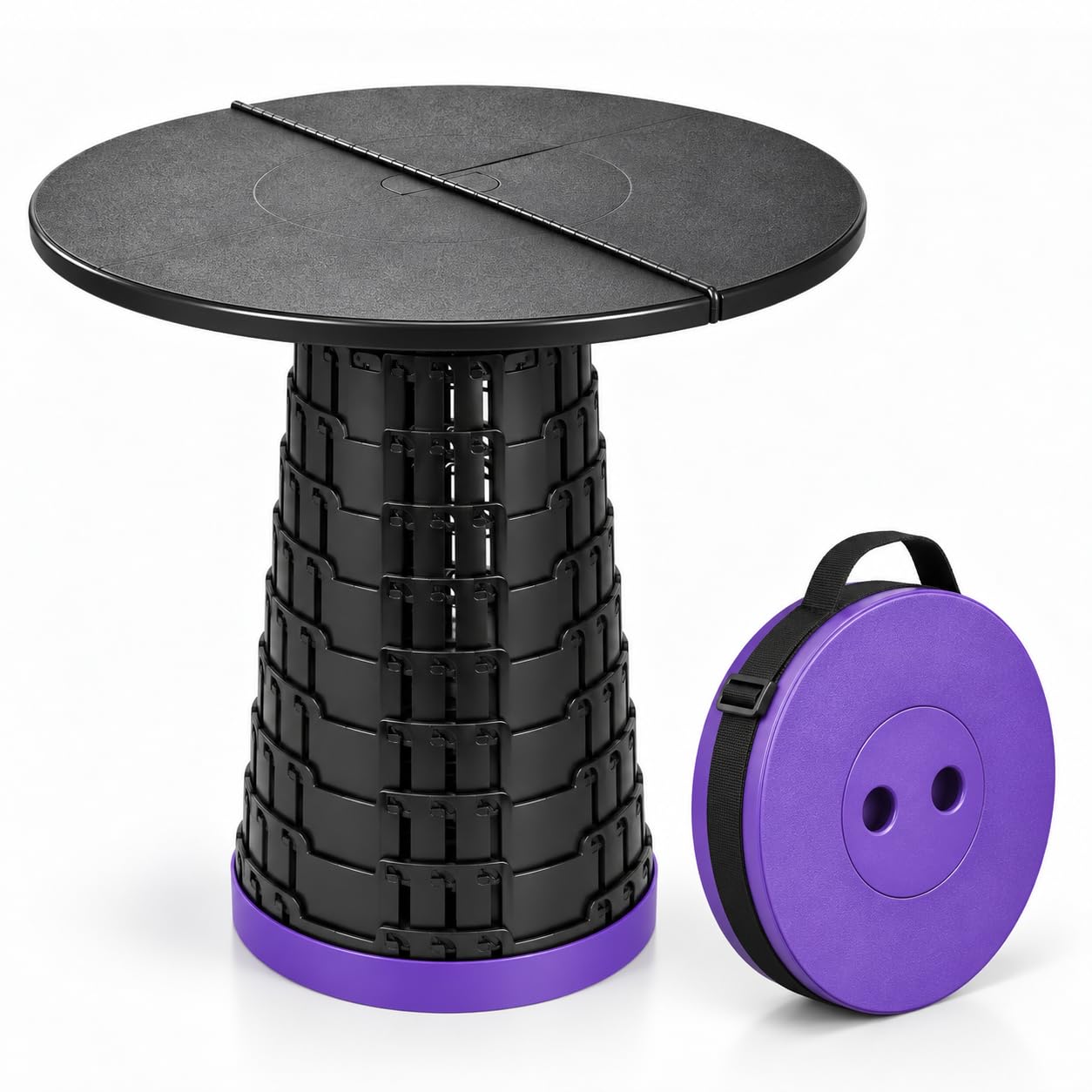 FBG Telescopic Folding Stool Retractable Collapsible Seat - Purple & Black | 250kg / 550lbs Load Capacity, 50cm Foldable Tabletop Included, Adjustable Lightweight Design | Camping, Garden, Festival