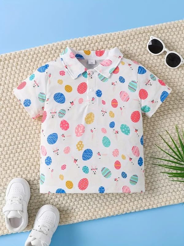 Image of Kids Easter Pattern Multi-Colored Printed Short Sleeve Button-Up Polo Shirt for Boy
