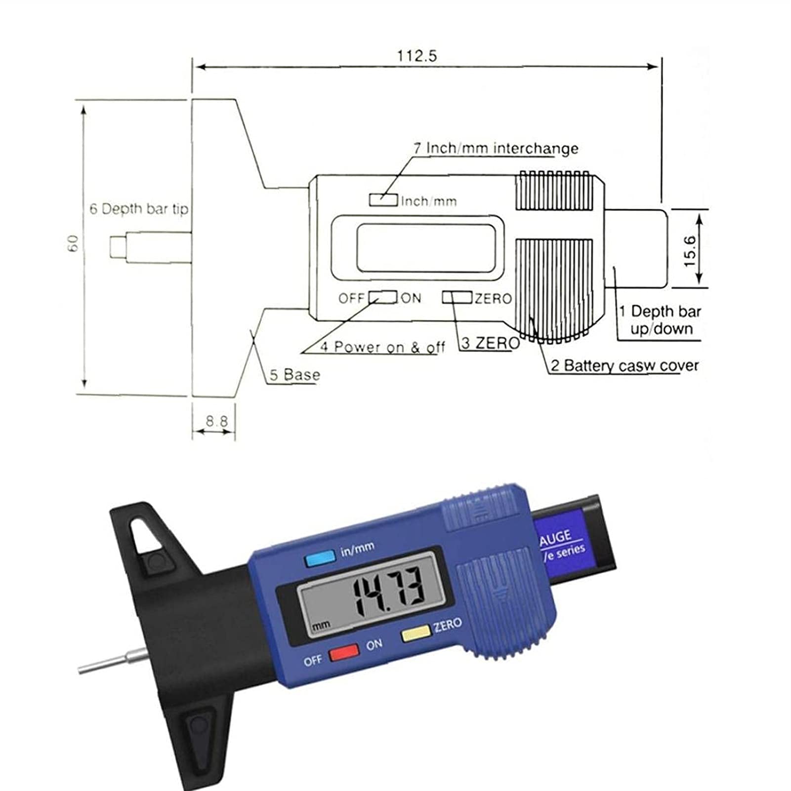 Medidor Digital de Profundidad de neumáticos Probador de Profundidad de Banda de Rodadura de neumáticos de 0-25,4 mm con Pantalla LCD Herramienta de medición de Calibre de Espesor Azul