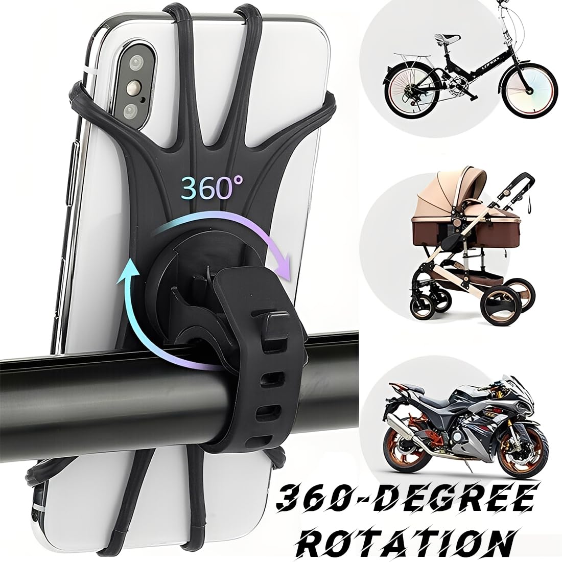 2 Pièces Porte Telephone Velo, Support Téléphone Velo Portable en silicone pour vélo, Rotatif à 360 °, Support de téléphone portable, Compatible avec iPhone SE/11/12/13/14Pro Max/X/XS MAX/8'' à 6,5''