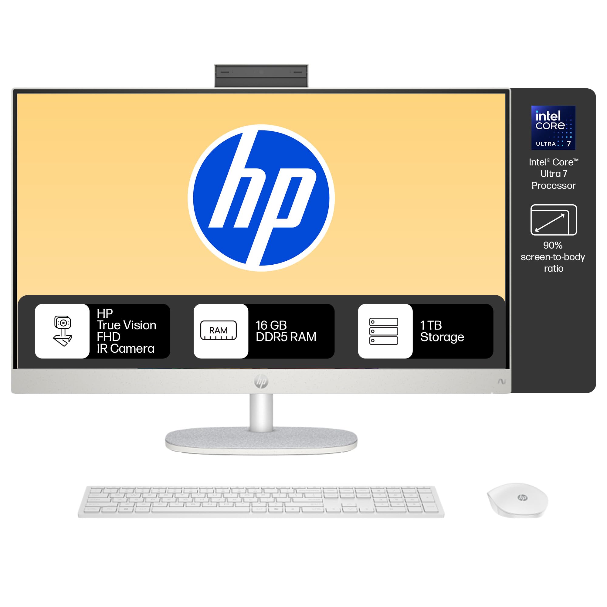 HP All-in-One, Intel Core Ultra 7 155U (16GB DDR5,1TB SSD) IPS, 300 nits, Anti-Glare, 27inch(68.6cm) FHD, Win11, M365, Office24, Shell White, 6.72kg, FHD IR tilt Camera w/Privacy shuttter, 27-cr1009in