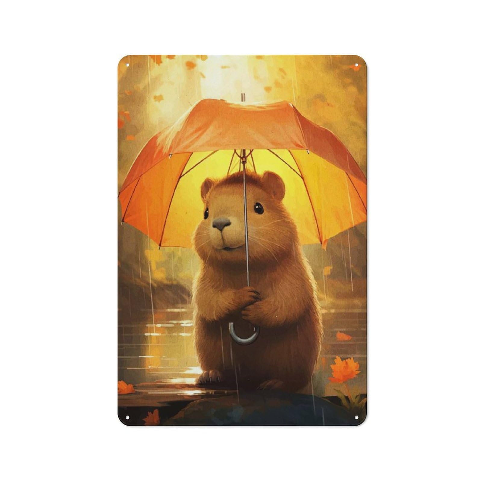 Junmoney Style-17 Vintage Tin Sign 30X20cm With Cute Beaver With Umbrella In The Rain For Hobby Room Or Studio, For Metal Sign Collectors, For Garage And Workshop Walls