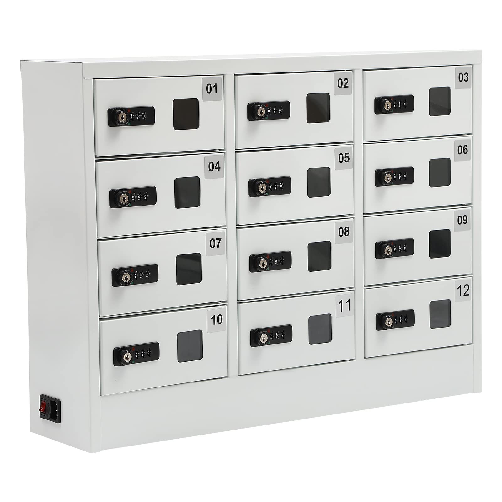 12-Slot Cellphone USB Charging Station Lockers, Cell Phone Charging Station Locker, Cellphone Locker Storage Charging Station, Two Unlocking Methods, with 3 Charging Cable, with Acrylic Window