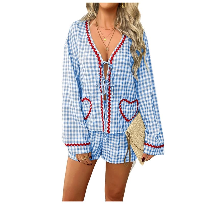 Women's Lace Print Cotton Shorts and Shirt Set – V-Neck Lace-Up Long Sleeves for Spring & Summer-image-30