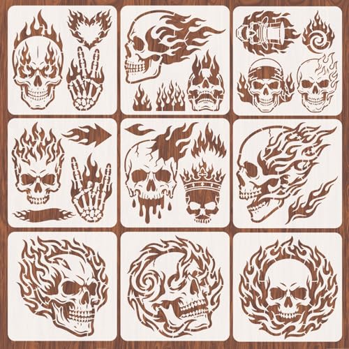 INFUNLY 9 stencil da parete con scheletro per pittura, 30 x 29 cm, riutilizzabili, con fiamme brucianti, stencil per pareti di fuoco, per artigianato, cemento, legno, mobili, camera da letto