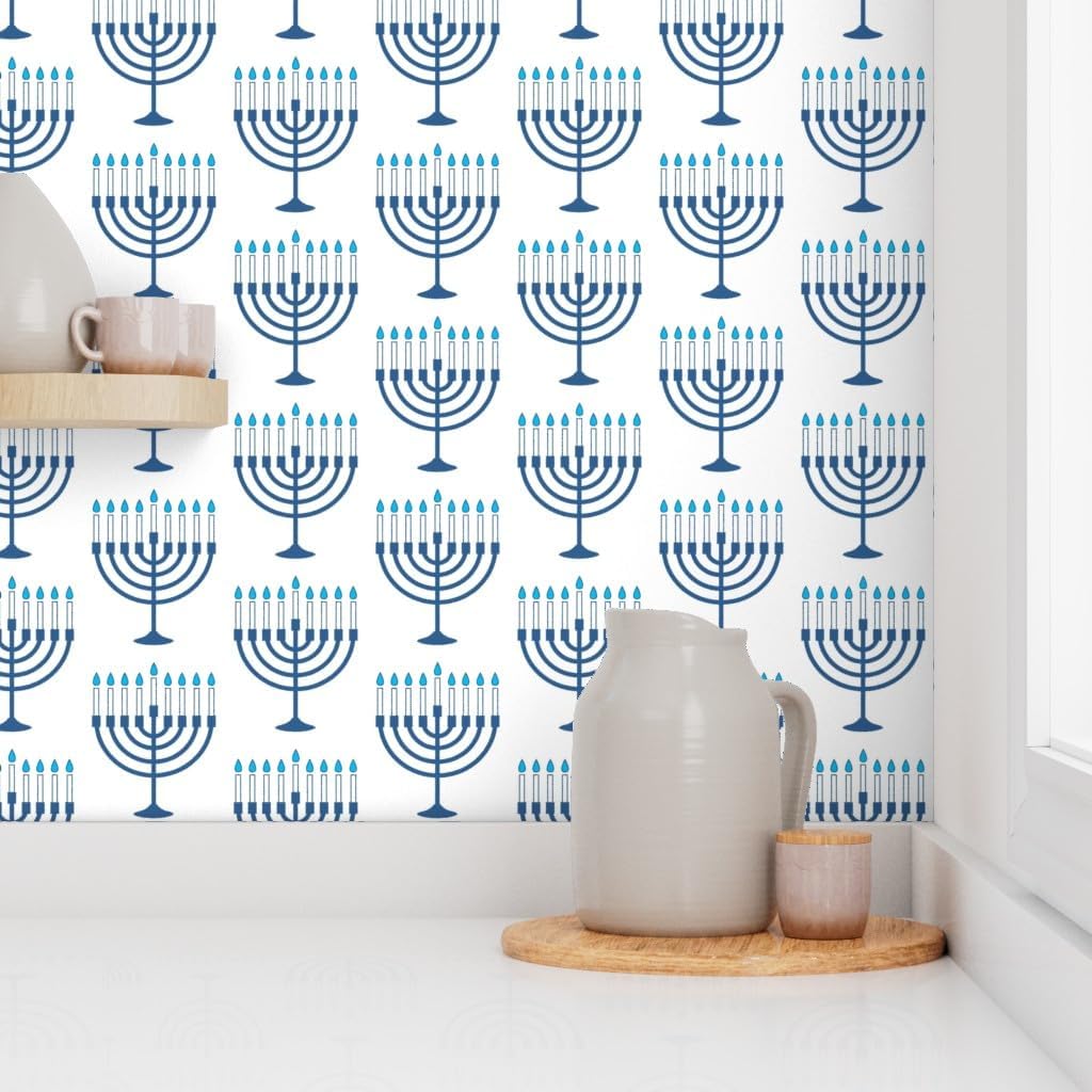 Peel & Stick Wallpaper 6ft x 2ft - Menorah White Holiday Hanukkah Worship Candelabrum Custom Removable Wallpaper by Spoonflower