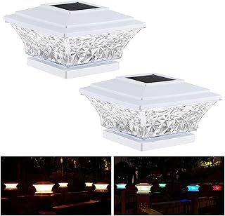 HUYIENO Solar Post Cap Lights Outdoor LED Lighting Deck Fence Cap Light Diamond Shade Two Light Modes Warm White/7 RGB Color Changing LED for 4x4 5x5 Wooden Posts and 4x4 Vinyl Posts