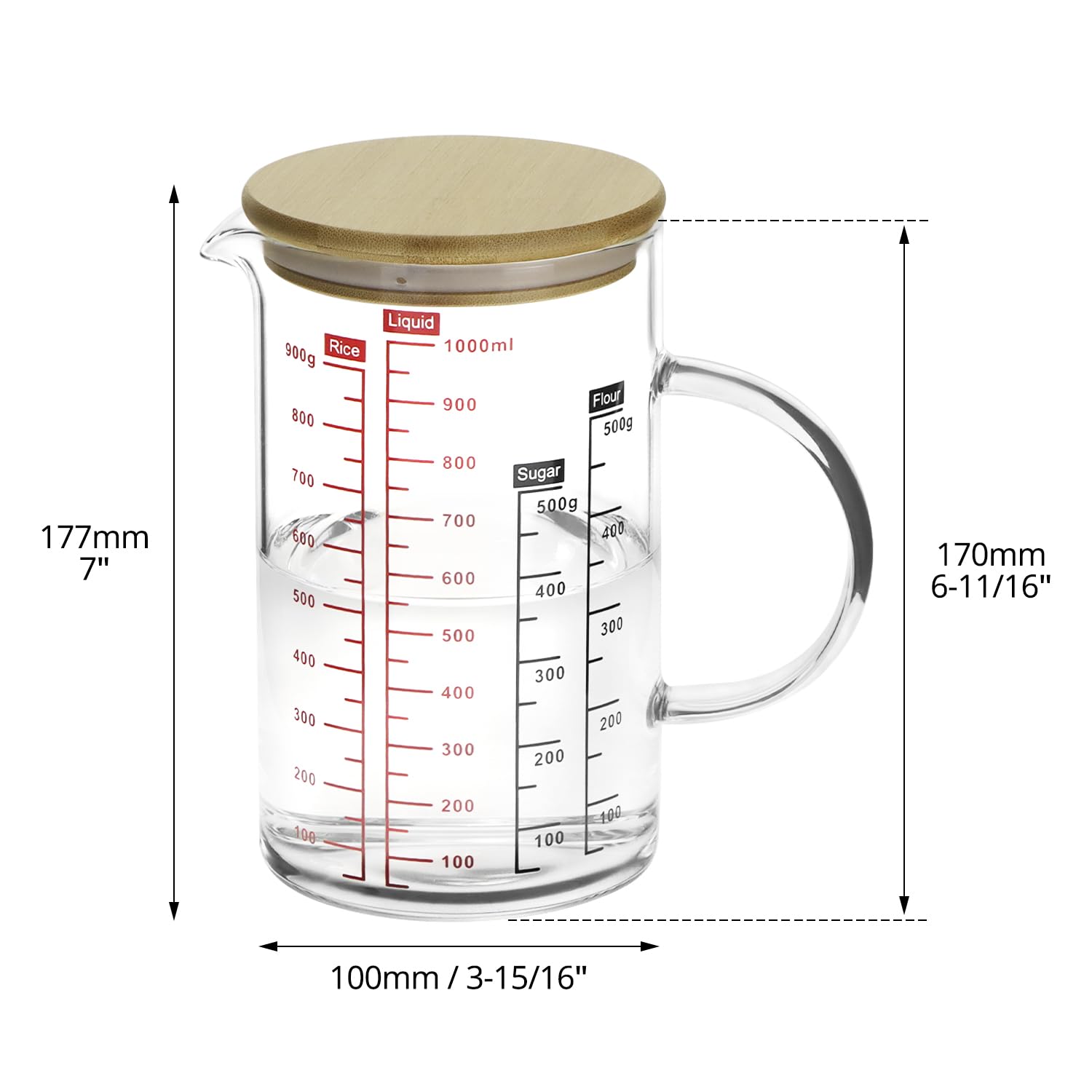 QWORK® Kubek z miarką 1 l, ze szkła borokrzemowego z bambusową pokrywką, wiele podziałek, odporny na wysokie i niskie temperatury, nadaje się do kuchenki mikrofalowej do pieczenia