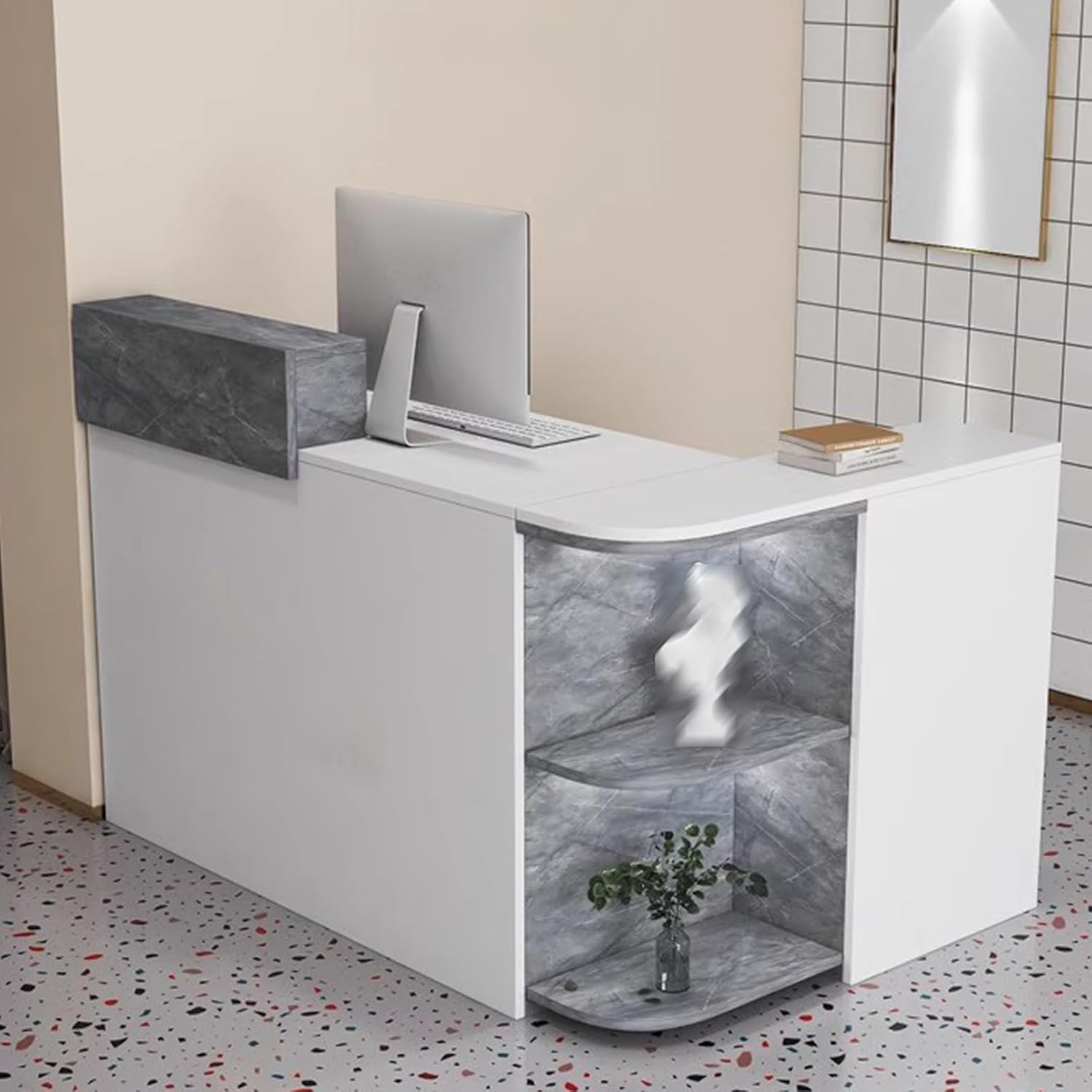 L Shaped Reception Desk, Open Reception Counter Desk,Wooden Front Desk Reception, Office Retail Counter Table with Lockable Drawers, for Salon Reception Room(Gray -R,31.4"x35"x41.3")