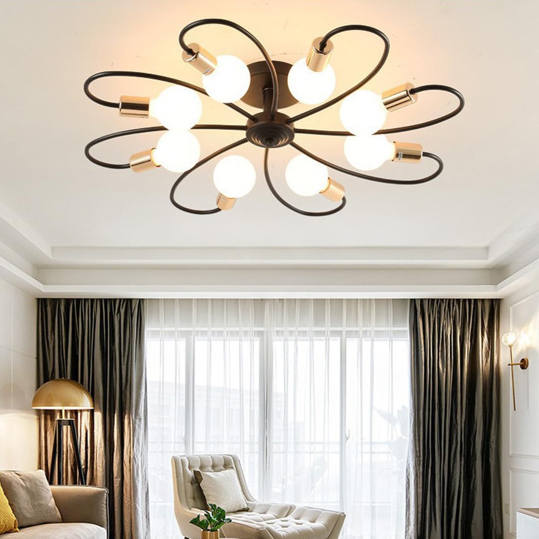 Lampa sufitowa E27, spiralna, metalowa, owalna, czarno-złota, dekoracja, do sypialni, żyrandol do biura, jadalni, gabinetu, nowoczesne wzornictwo, oświetlenie wewnętrzne, 8-punktowa, Ø 80 cm