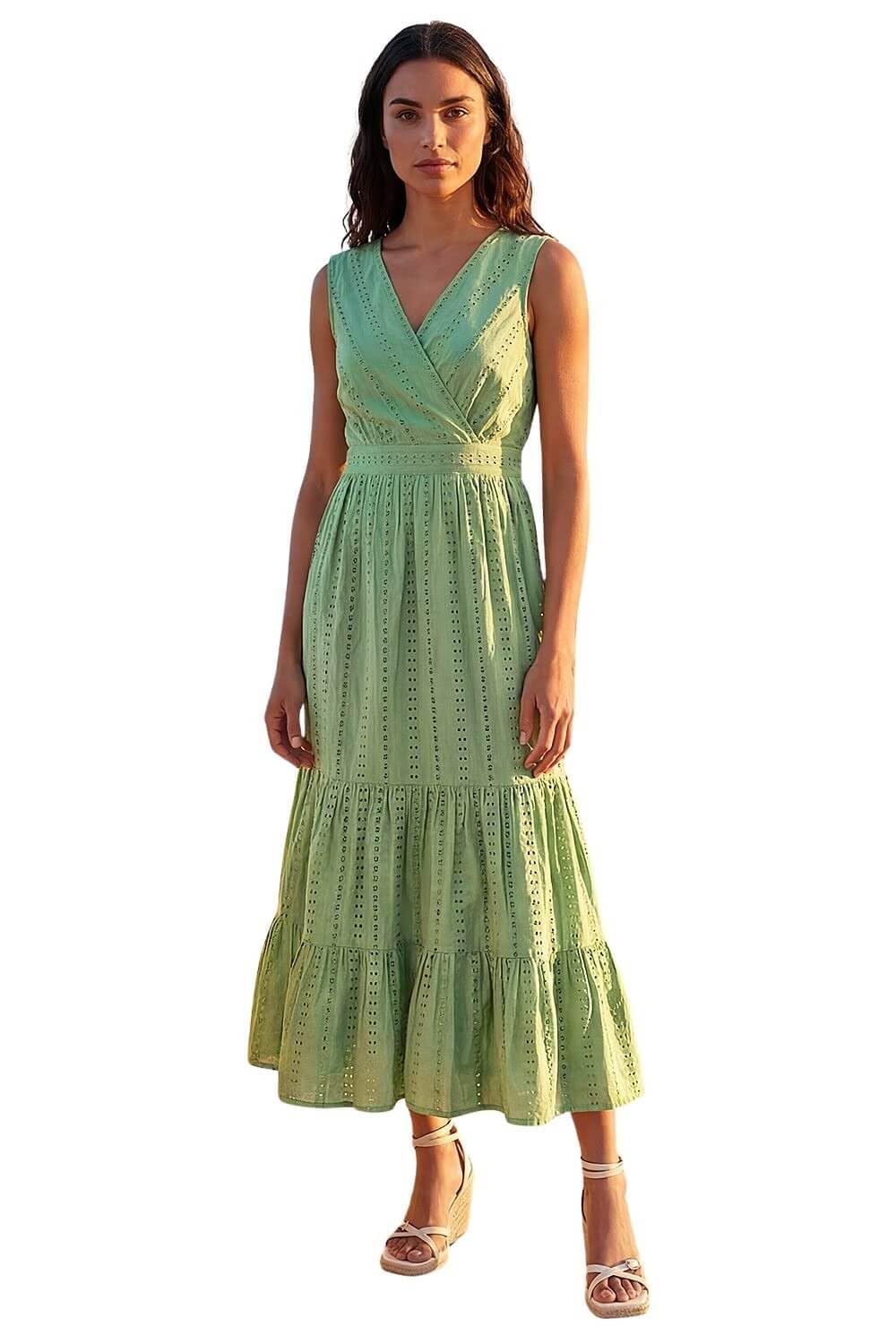 Roman Originals Embroidered V-Neck Midi Dress for Women UK - Ladies Everyday Holiday Spring Summer V-Neckline Comfy Soft Evening Vacation Work Party - Green - Size 18