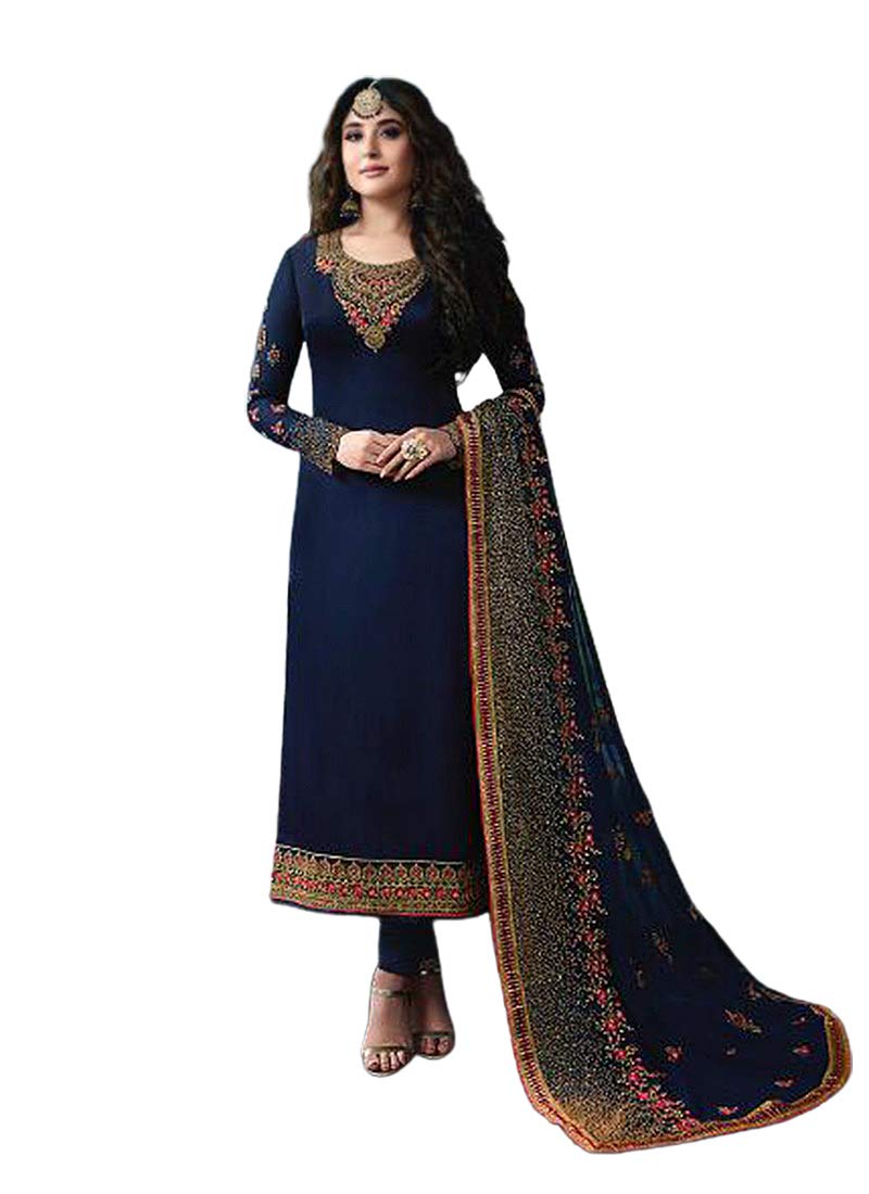 Miss Ethnik Women's Blue Georgette Semi Stitched Top With Unstitched Santoon Bottom and Faux Georgette Dupatta Embroidered Straight Kurta Dress Material (Salwar Suit Set) (ME-976-Blue)