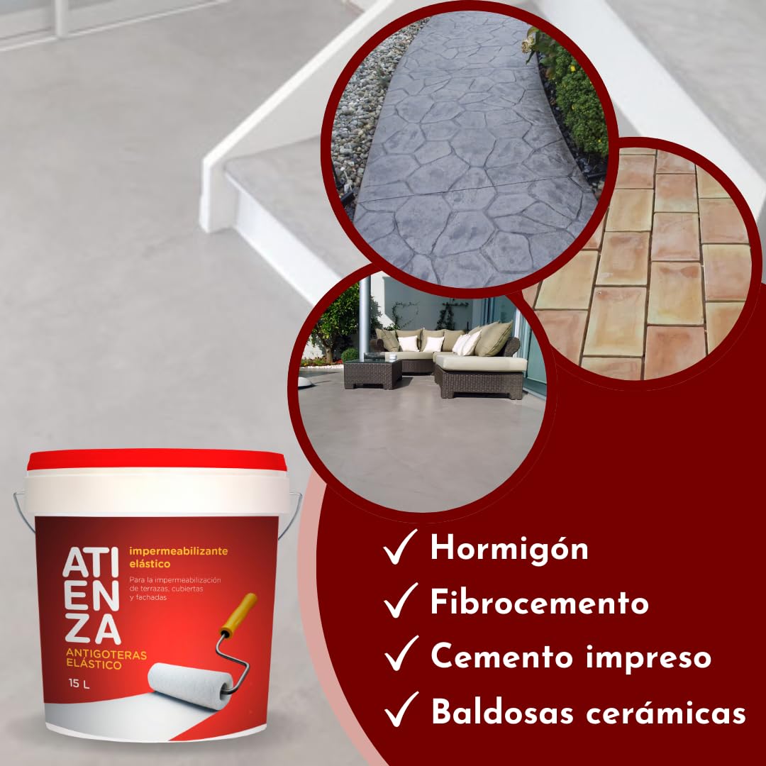 Impermeabilizante elástico antigoteras ATIENZA. De facil aplicación, Para impermeabilizar Terrazas Cubiertas y fachadas. (GRIS, 15 L)