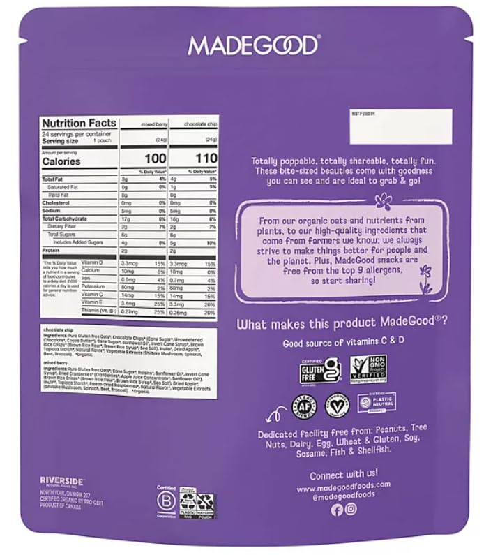 Made so Good Organic Granola Bites, Mixed Berry and Chocolate Chip, 24 Servings, 20.3 oz