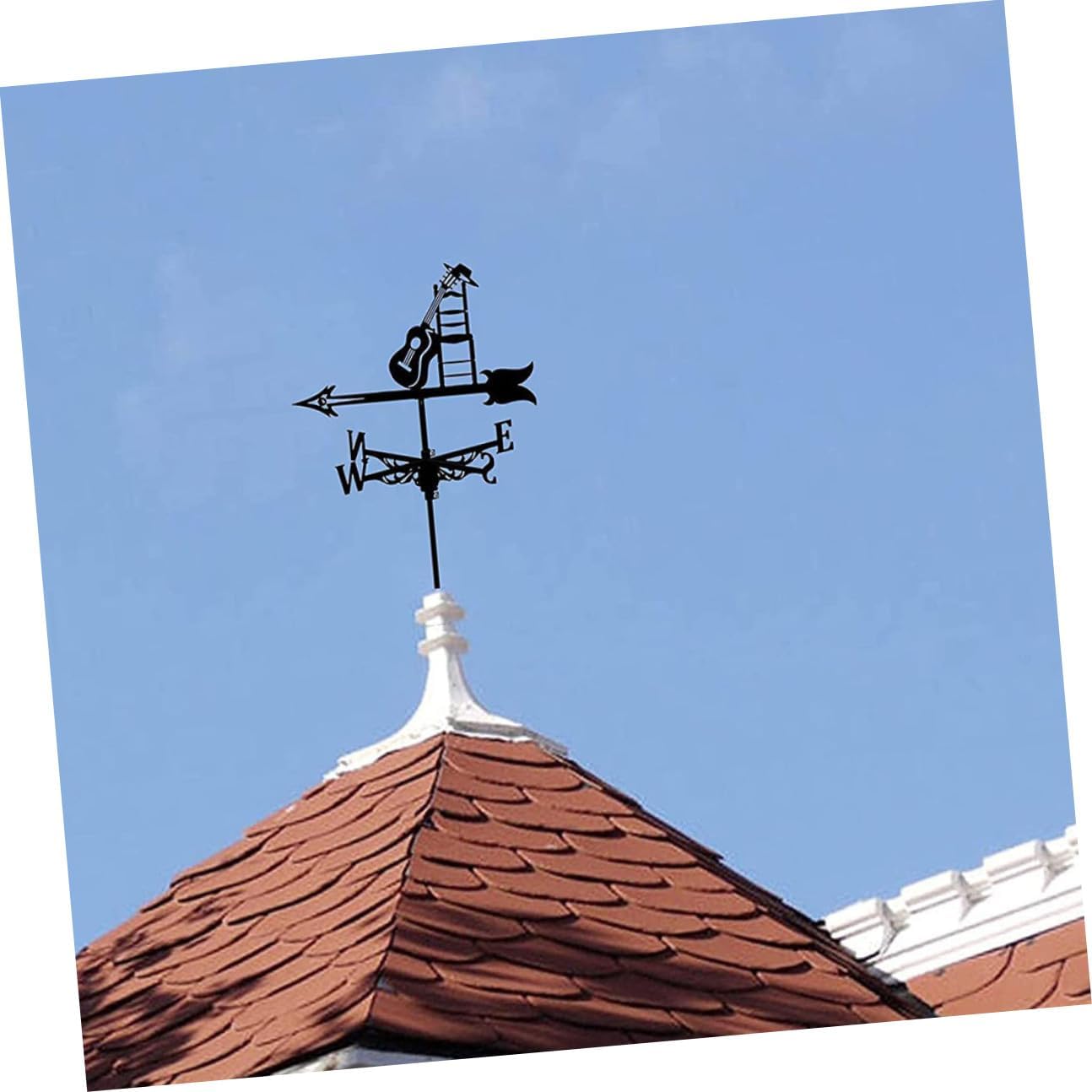 Iron Guitar Weathervane Outdoor Garden Metal Wind Direction Indicator Yard Decorative Weather Vane with Pole for Patio Roof Mount