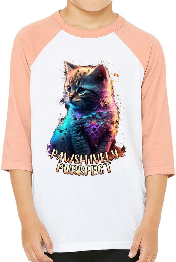 Pawsitively Purrfect Kids' Baseball T-Shirt - Print 3/4 Sleeve T-Shirt - Cat Art Baseball Tee