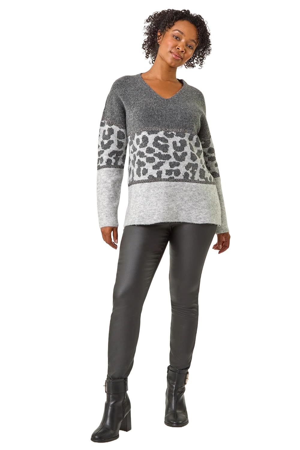 Roman Originals Women's Grey Roman Petite Animal Print Colourblock Jumper For Uk - Autumn Everyday Winter Holiday V-Neckline Comfy Long Sleeve Soft Stretch Knit Top Desk To Dinner Sweaters - Size 14