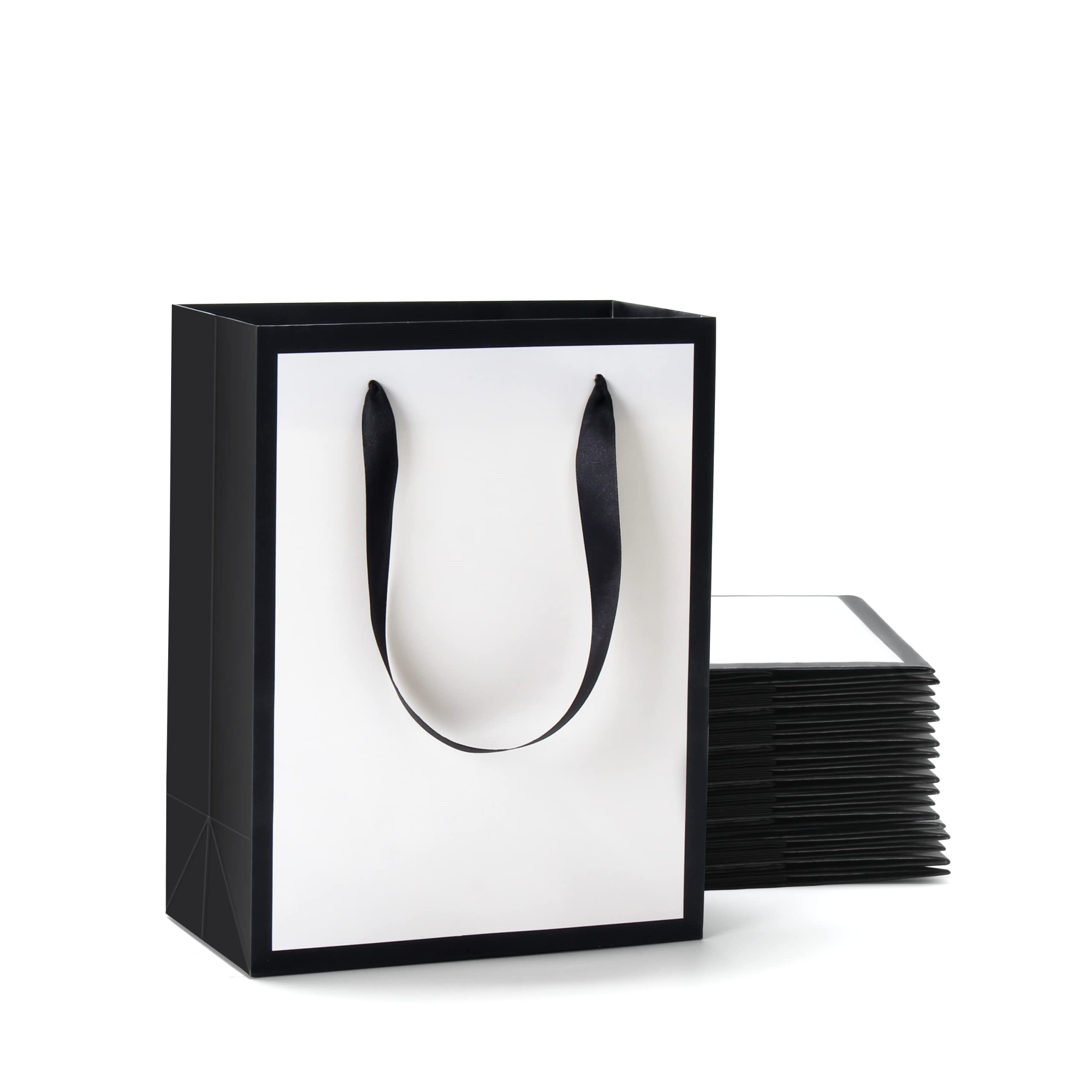 White and Black Gift Bags with Ribbon Handles, YACEYACE 20Pcs 8"x4.25"x10.5" Medium Size White and Black Paper Gift Bags for Party, Birthday,Baby Shower,Wedding,Shopping,Retail,Black Gift Bags Bulk, White Gift Bags Bulk