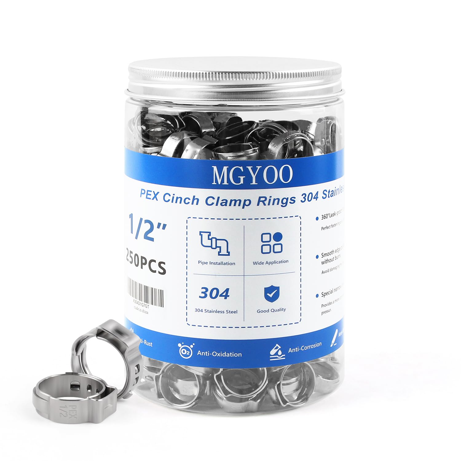 MGYOO 1/2 inch Pex Clamps 250pcs Pex Crimp Rings Single Ear Hose Clamps Stainless Steel Pex Fittings Cinch Clamp Ring for PEX Pipe Tubing
