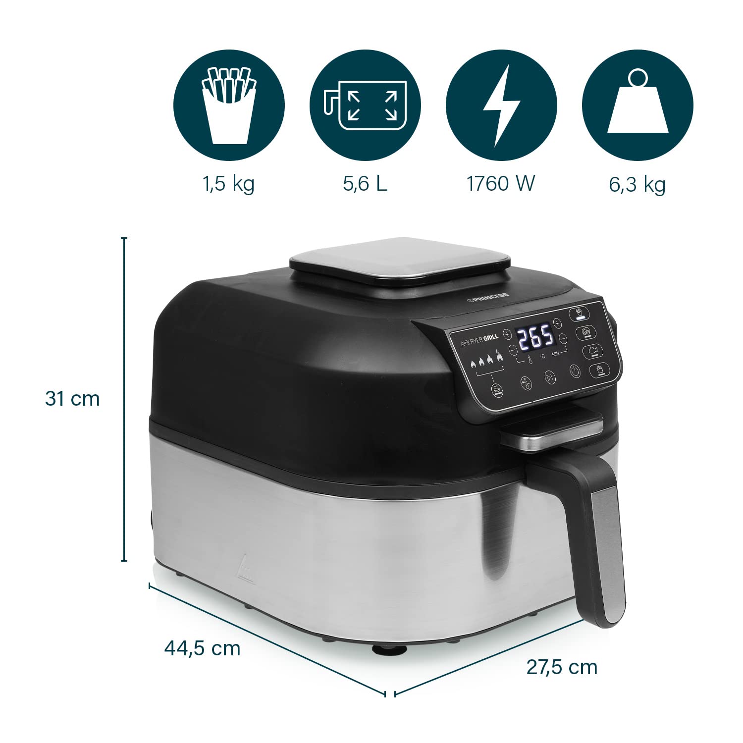 Princess 2-in-1 Heißluftfritteuse und Grill - 4 Programme - Max 265°C - Inklusive Thermometer - 1760W - Herausnehmbarer Korb - Silber/Schwarz - 182092