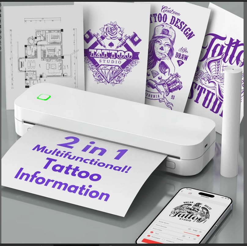 Ablemark Bärbar A4 termisk skrivare, utan bläck Bluetooth-tatueringsskrivare, kompatibel med Android och iOS med dator, tatuering termokopiator för resor, arbete och hem