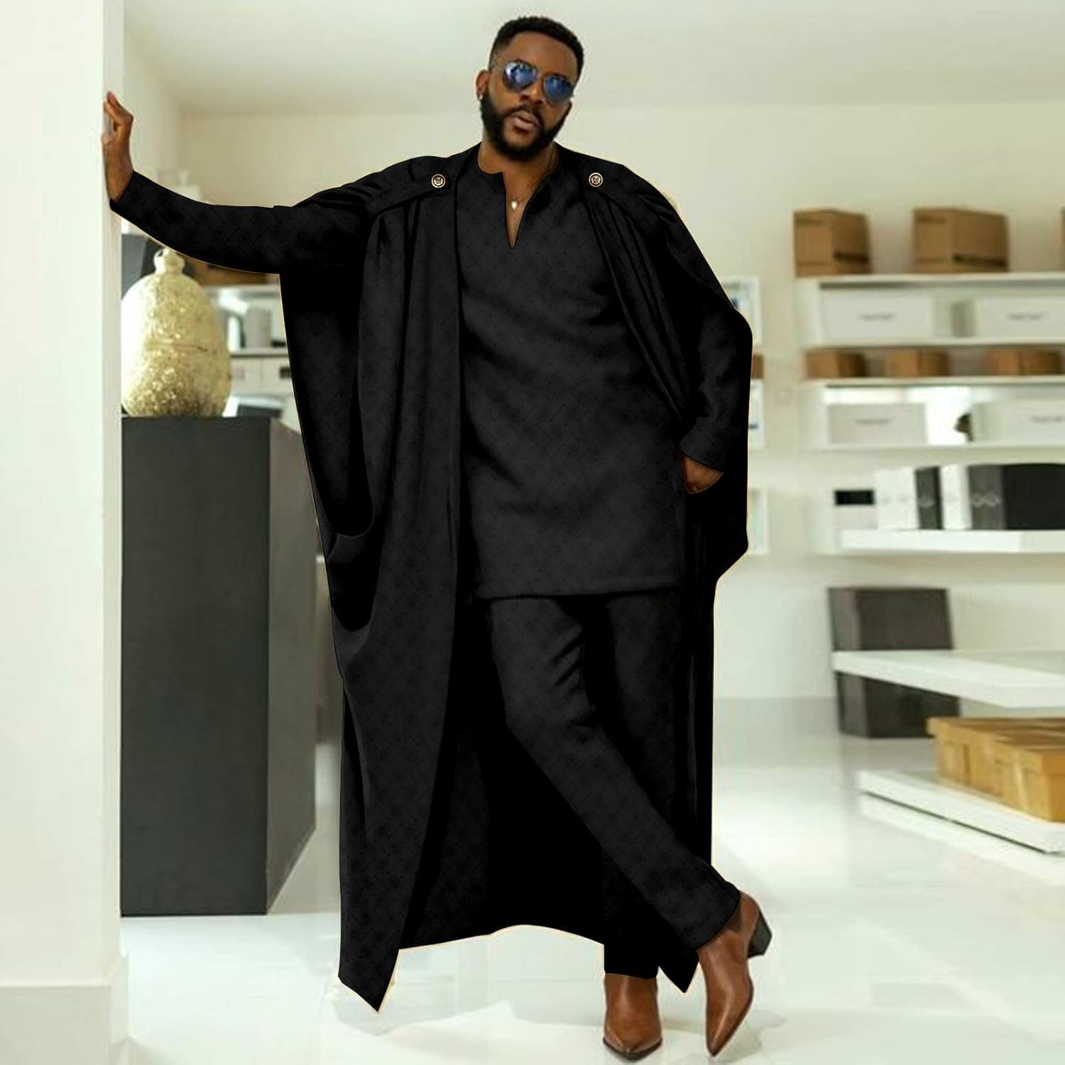 African Clothes for Men Cape V-Neck Full Sleeve Shirts Pants 3 Piece Set Agbada Robe Wedding Evening Outfits