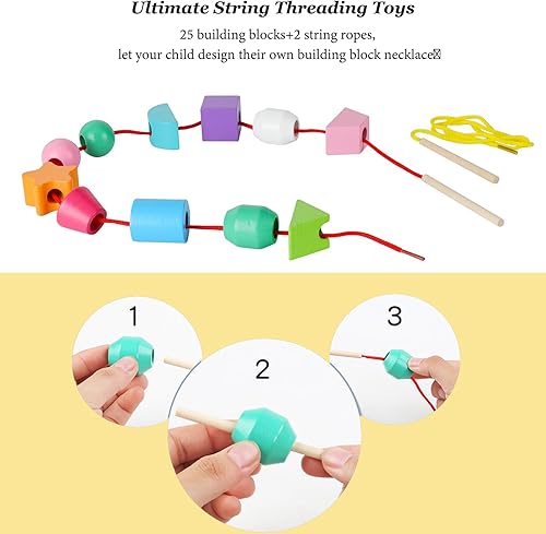 Miniatura 4 de Montessori - Juego de secuenciación de cuentas para niños pequeños, bloques apilables de madera y cuentas de cordones y apilador de formas a juego