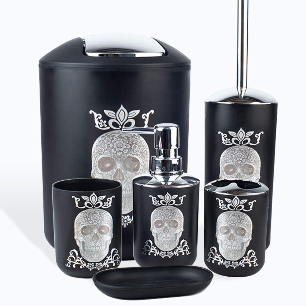 Juego de accesorios de baño de Halloween, 6 piezas de plástico, dispensador de jabón, soporte para cepillos de dientes, vaso, jabonera, papelera, soporte para escobillero de inodoro para encimera
