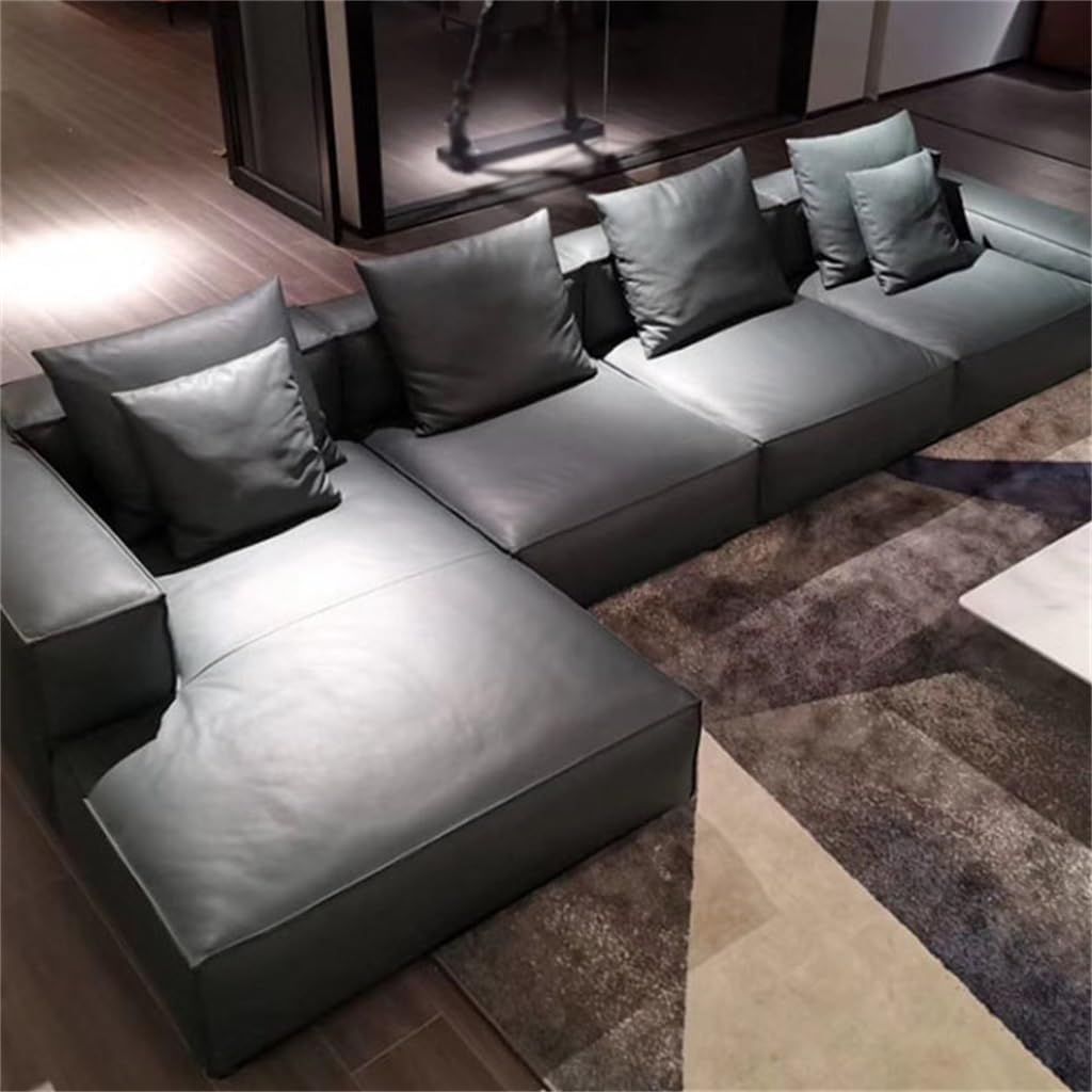 Italian Minimalist Living Room Corner Straight Row Wood Skeleton Leather Sofa